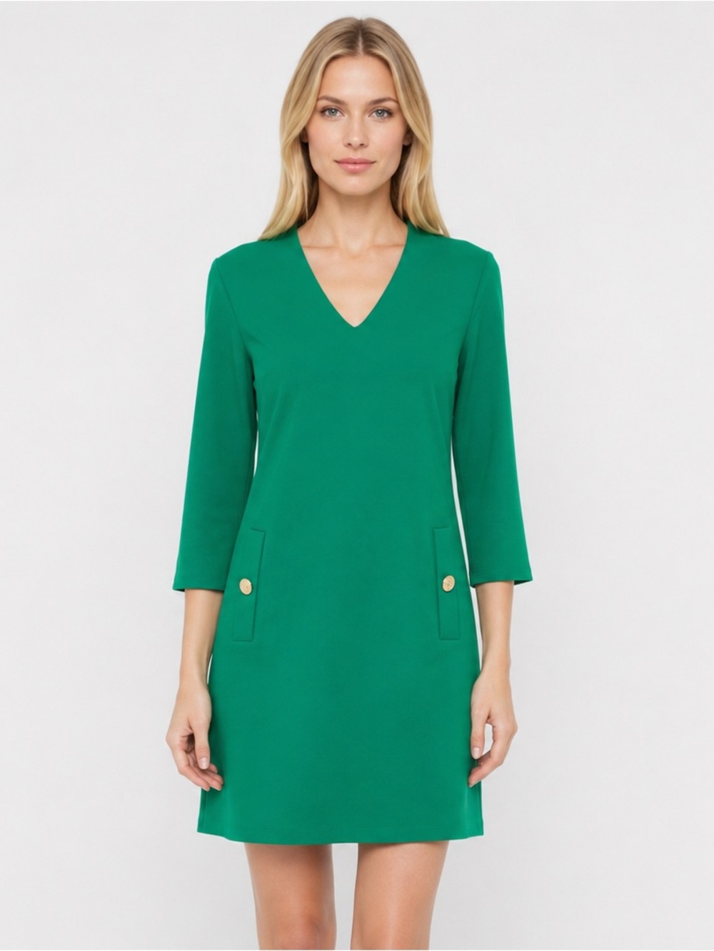 NEW! Eliza J V-Neck Knit A-Line Sheath Dress 3/4 Sleeve Green Size 8, NWT